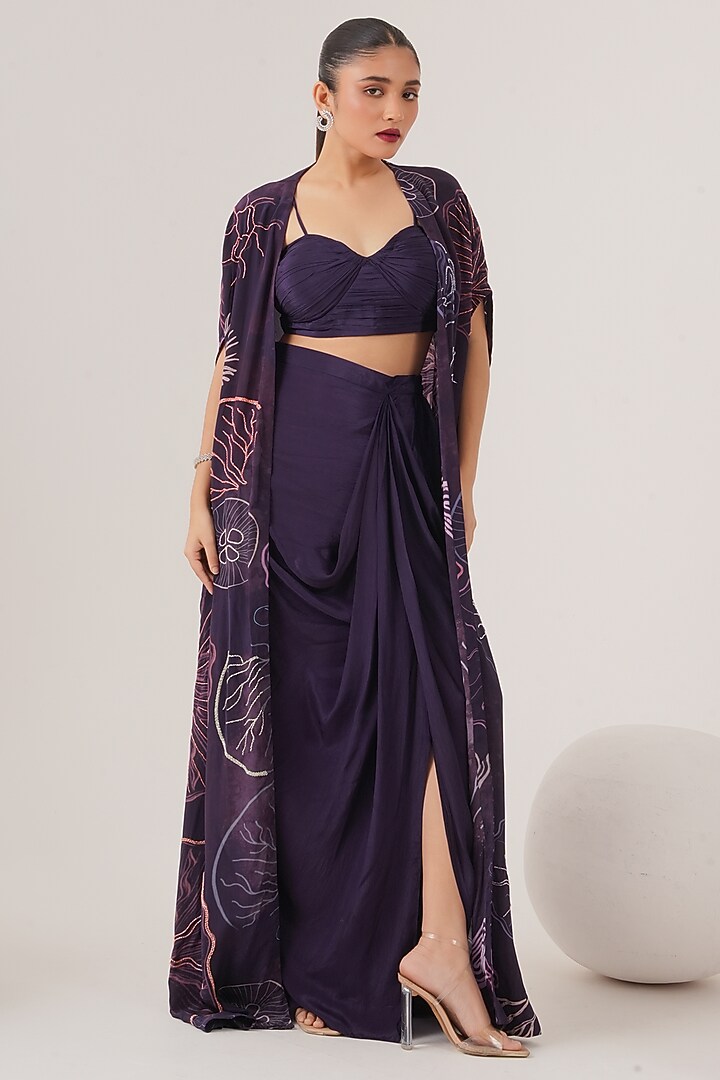 Purple Natural Crepe Draped Skirt Set by Shristi Chetani at Pernia's Pop Up Shop