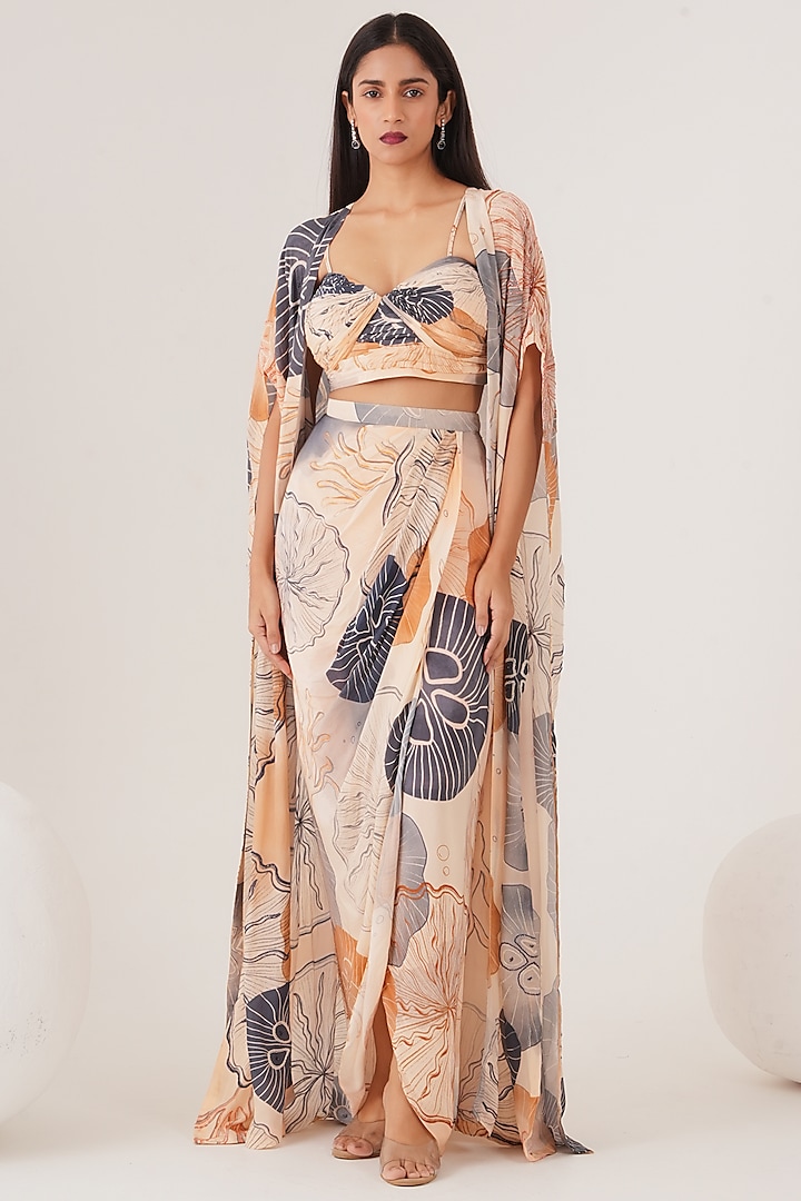 Beige Natural Crepe Abstract Printed Draped Skirt Set by Shristi Chetani at Pernia's Pop Up Shop