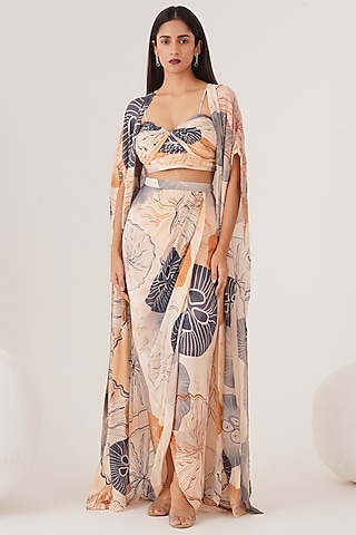 Beige Natural Crepe Abstract Printed Draped Skirt Set by Shristi Chetani