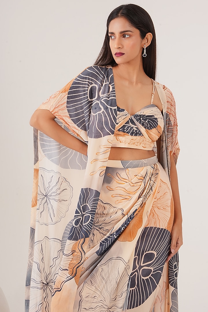 Beige Natural Crepe Abstract Printed Draped Skirt Set by Shristi Chetani at Pernia's Pop Up Shop