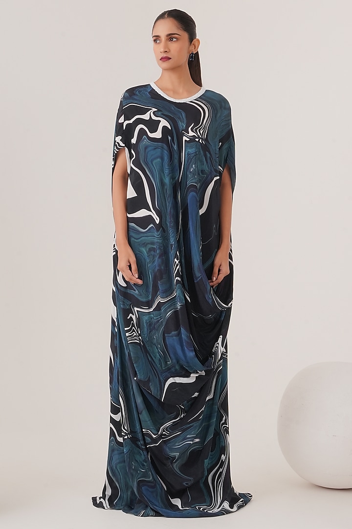 Blue Natural Crepe Abstract Printed Draped Maxi Dress by Shristi Chetani at Pernia's Pop Up Shop