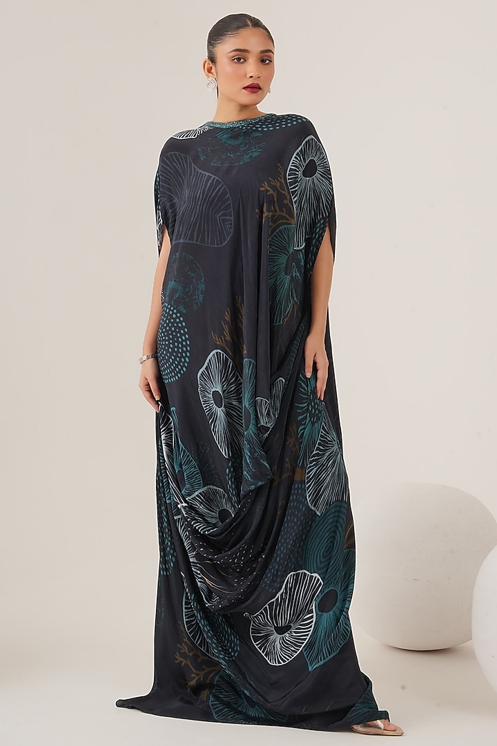 Blue Natural Crepe Abstract Printed Draped Maxi Dress by Shristi Chetani at Pernia's Pop Up Shop