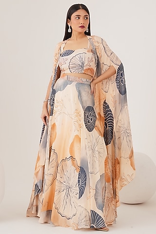 Beige Natural Crepe Abstract Printed Skirt Set by Shristi Chetani