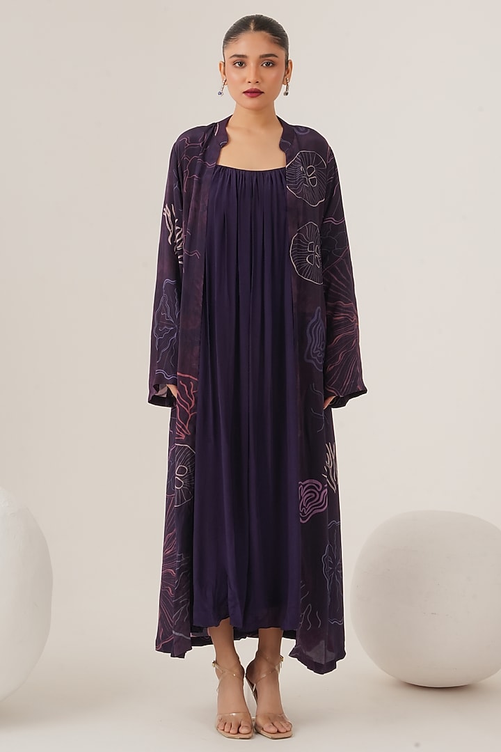 Purple Natural Crepe Abstract Printed Jacket Dress by Shristi Chetani at Pernia's Pop Up Shop