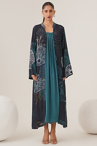 Blue Natural Crepe Abstract Printed Jacket Dress by Shristi Chetani
