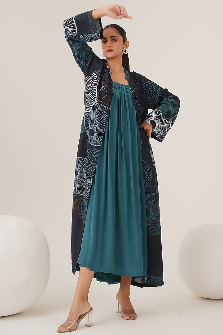 Blue Natural Crepe Abstract Printed Jacket Vacation Dress by Shristi Chetani at Pernia's Pop Up Shop
