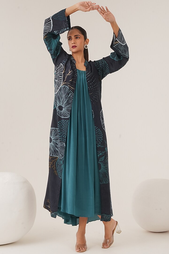 Blue Natural Crepe Abstract Printed Jacket Vacation Dress by Shristi Chetani at Pernia's Pop Up Shop