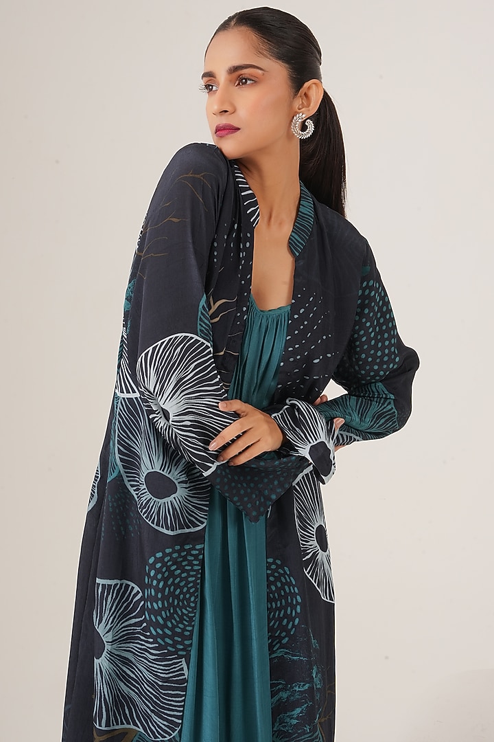 Blue Natural Crepe Abstract Printed Jacket Vacation Dress by Shristi Chetani at Pernia's Pop Up Shop