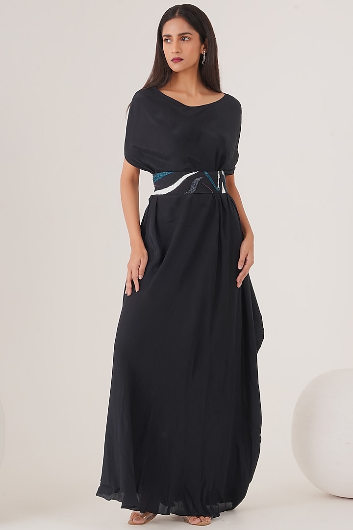 Black Natural Crepe Draped Maxi Dress  by Shristi Chetani at Pernia's Pop Up Shop