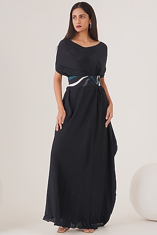 Deep Blue Natural Crepe Draped Maxi Dress by Shristi Chetani