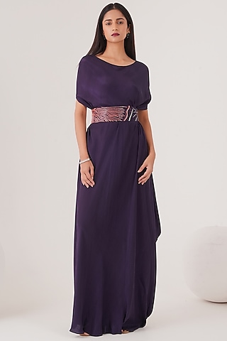 Purple Natural Crepe Draped Maxi Dress  by Shristi Chetani