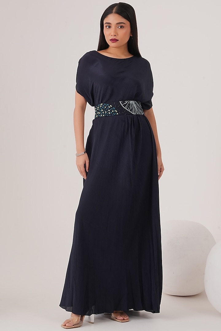 Blue Natural Crepe Draped Maxi Dress  by Shristi Chetani at Pernia's Pop Up Shop