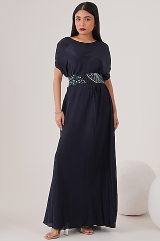 Blue Natural Crepe Draped Maxi Dress  by Shristi Chetani