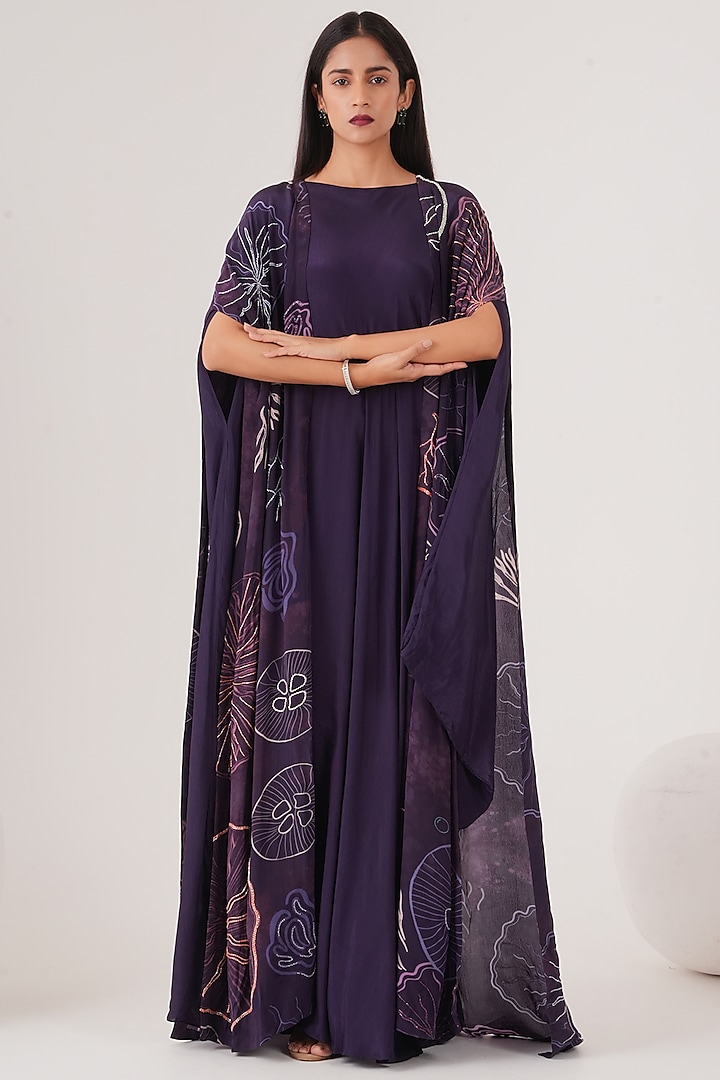 Purple Natural Crepe Draped Maxi Dress With Cape by Shristi Chetani at Pernia's Pop Up Shop