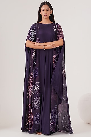 Purple Natural Crepe Draped Maxi Dress With Cape by Shristi Chetani