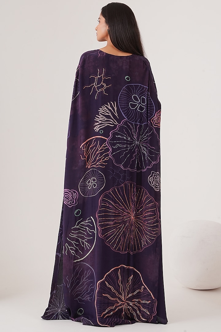 Purple Natural Crepe Draped Maxi Vacation Dress With Cape by Shristi Chetani at Pernia's Pop Up Shop