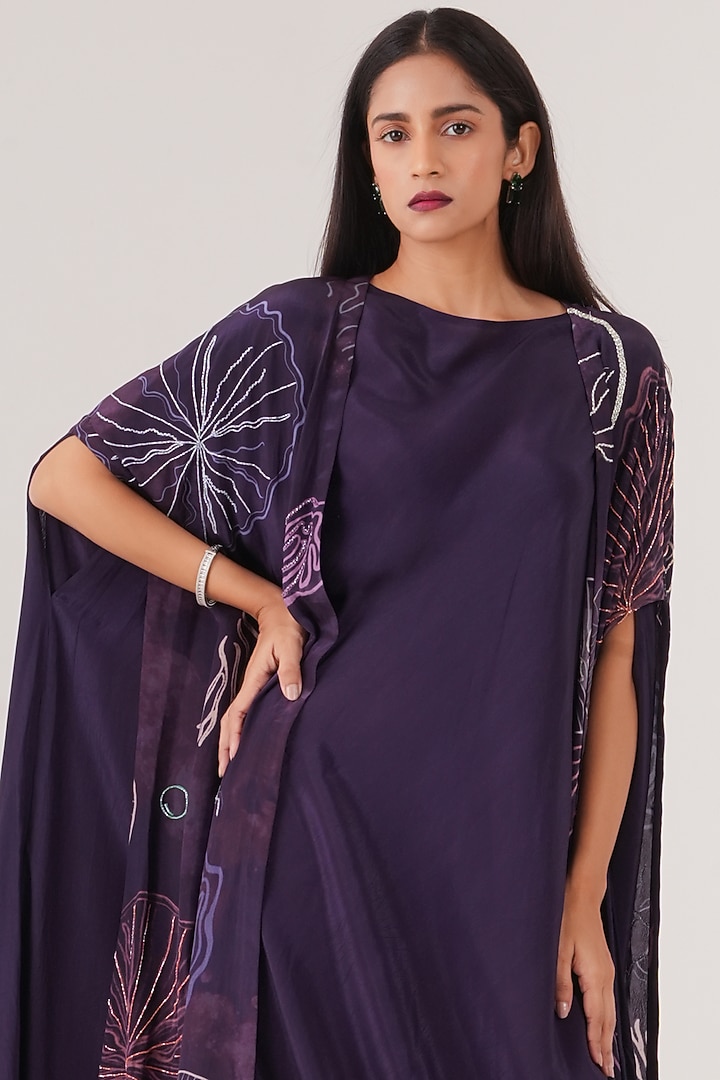 Purple Natural Crepe Draped Maxi Vacation Dress With Cape by Shristi Chetani at Pernia's Pop Up Shop