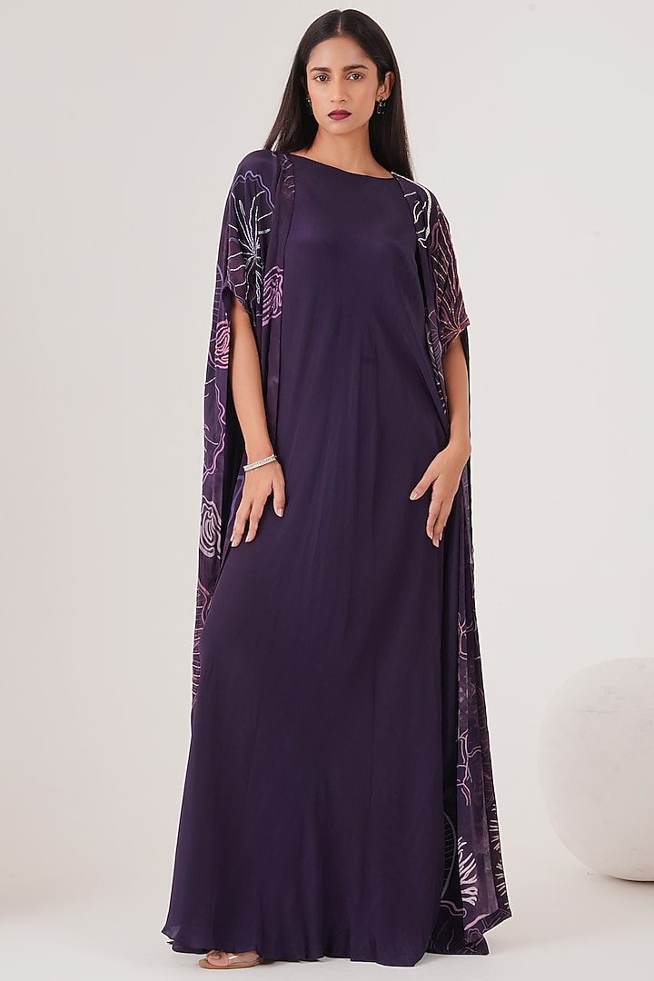 Purple Natural Crepe Draped Maxi Vacation Dress With Cape by Shristi Chetani at Pernia's Pop Up Shop