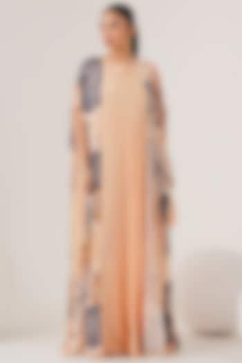 Beige Natural Crepe Draped Maxi Dress With Cape by Shristi Chetani at Pernia's Pop Up Shop