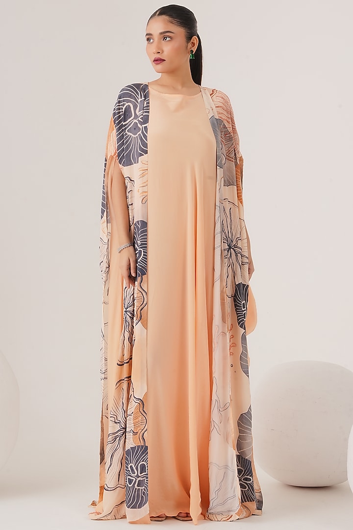 Beige Natural Crepe Draped Maxi Dress With Cape by Shristi Chetani at Pernia's Pop Up Shop