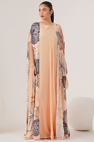 Beige Natural Crepe Draped Maxi Dress With Cape by Shristi Chetani