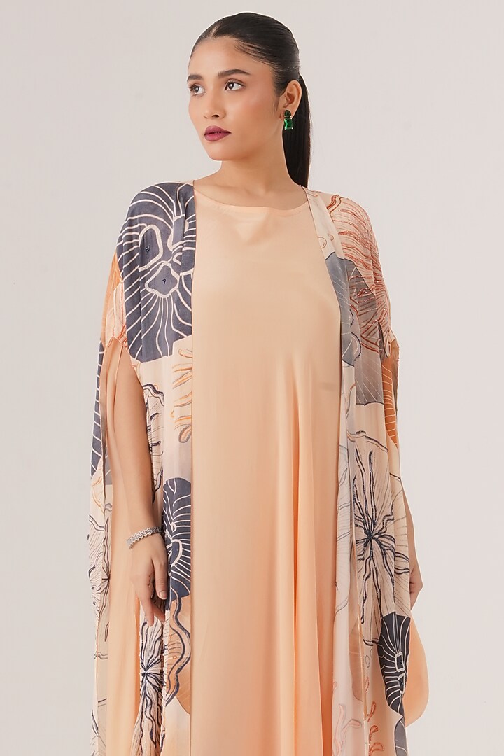 Beige Natural Crepe Draped Maxi Vacation Dress With Cape by Shristi Chetani at Pernia's Pop Up Shop