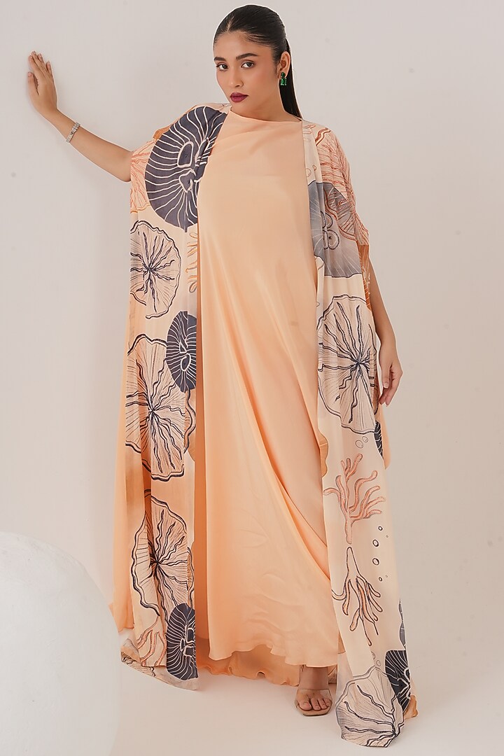 Beige Natural Crepe Draped Maxi Vacation Dress With Cape by Shristi Chetani at Pernia's Pop Up Shop