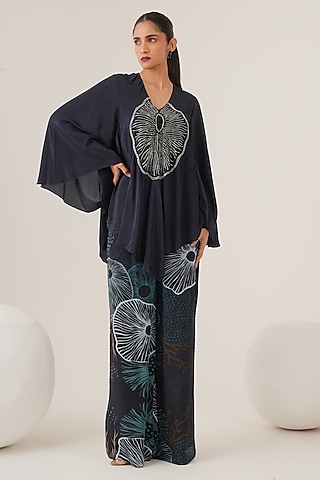Purple Natural Crepe Abstract Printed Flared Pant Set by Shristi Chetani