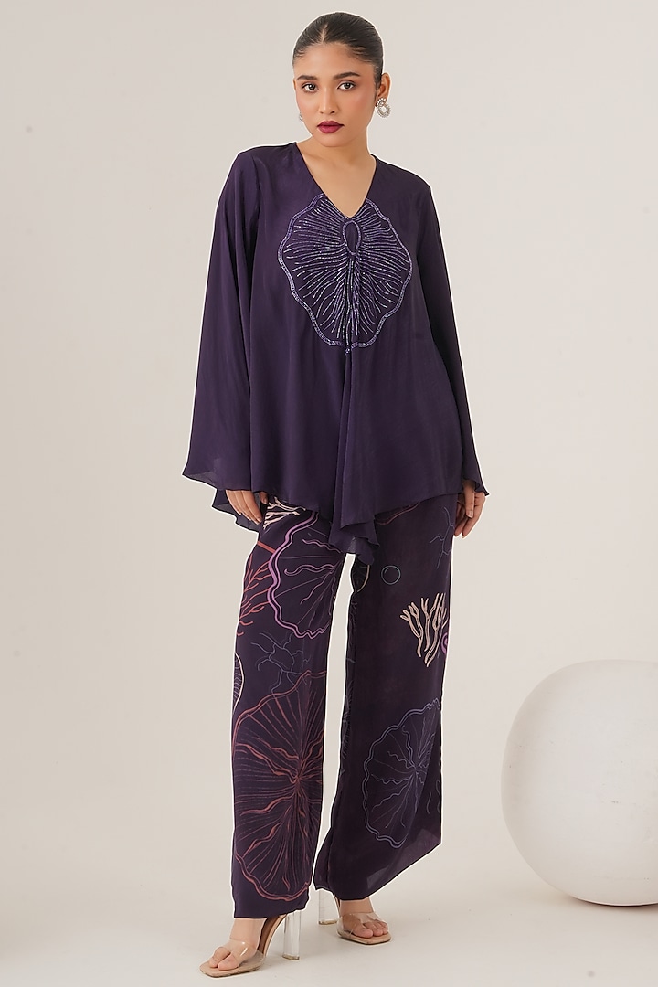 Blue Natural Crepe Abstract Printed Flared Pant Set by Shristi Chetani at Pernia's Pop Up Shop