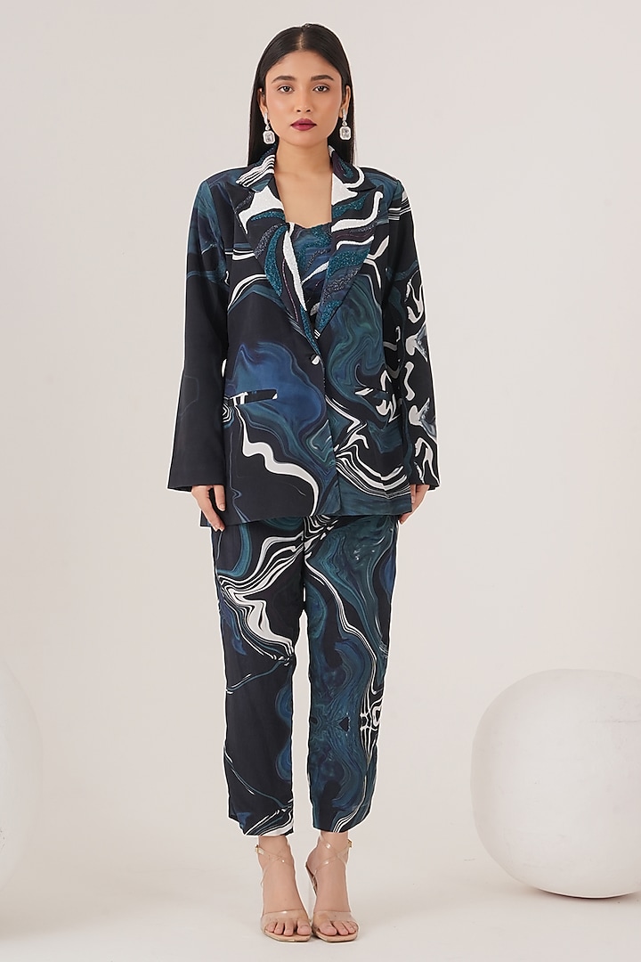 Blue Natural Crepe Abstract Printed Pant Set by Shristi Chetani at Pernia's Pop Up Shop