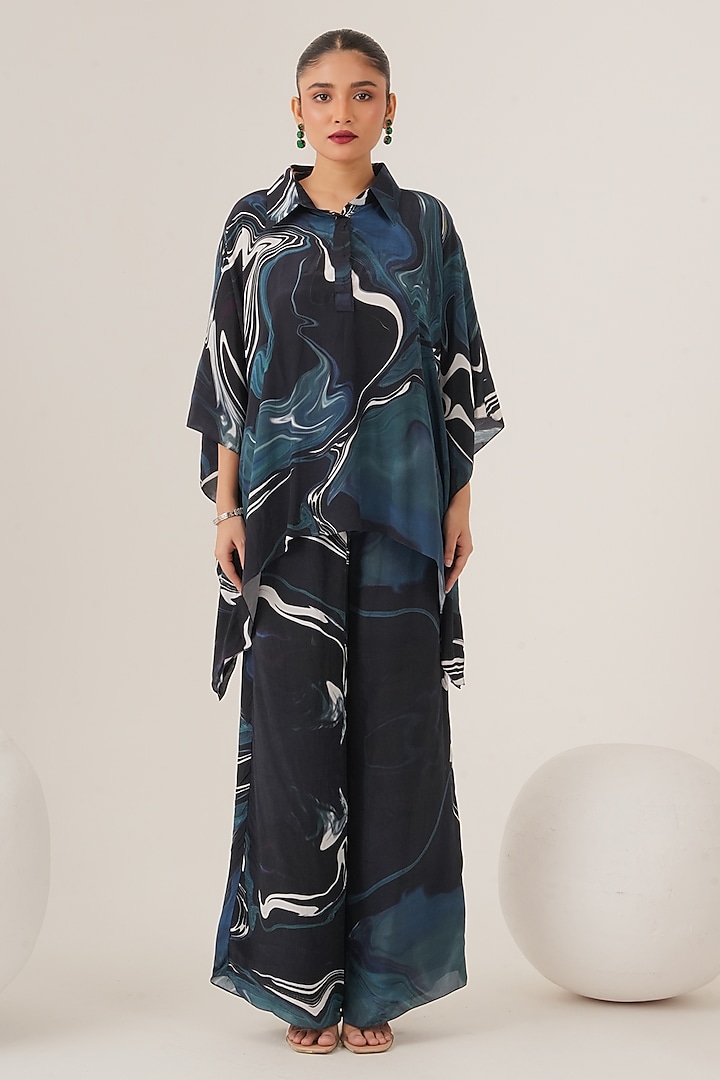 Blue Natural Crepe Abstract Printed Co-Ord Set by Shristi Chetani at Pernia's Pop Up Shop