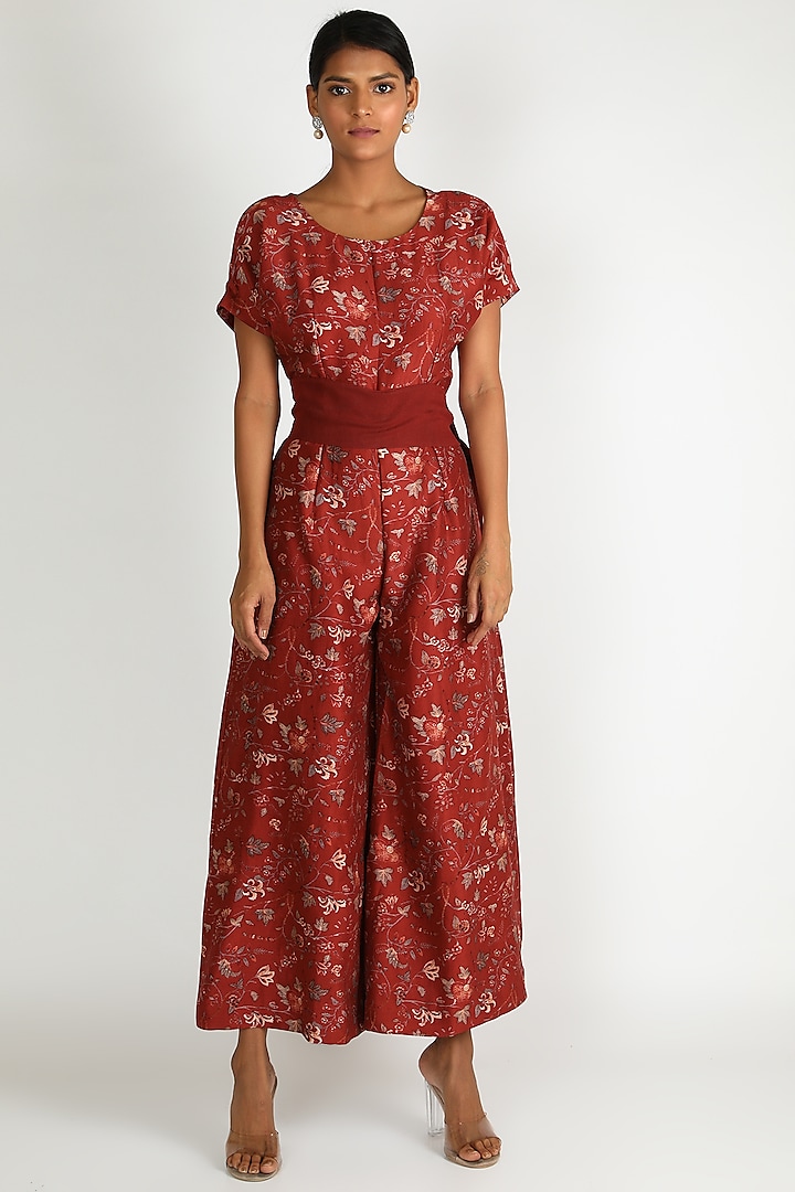Red Printed Jumpsuit With Belt by Shristi Chetani