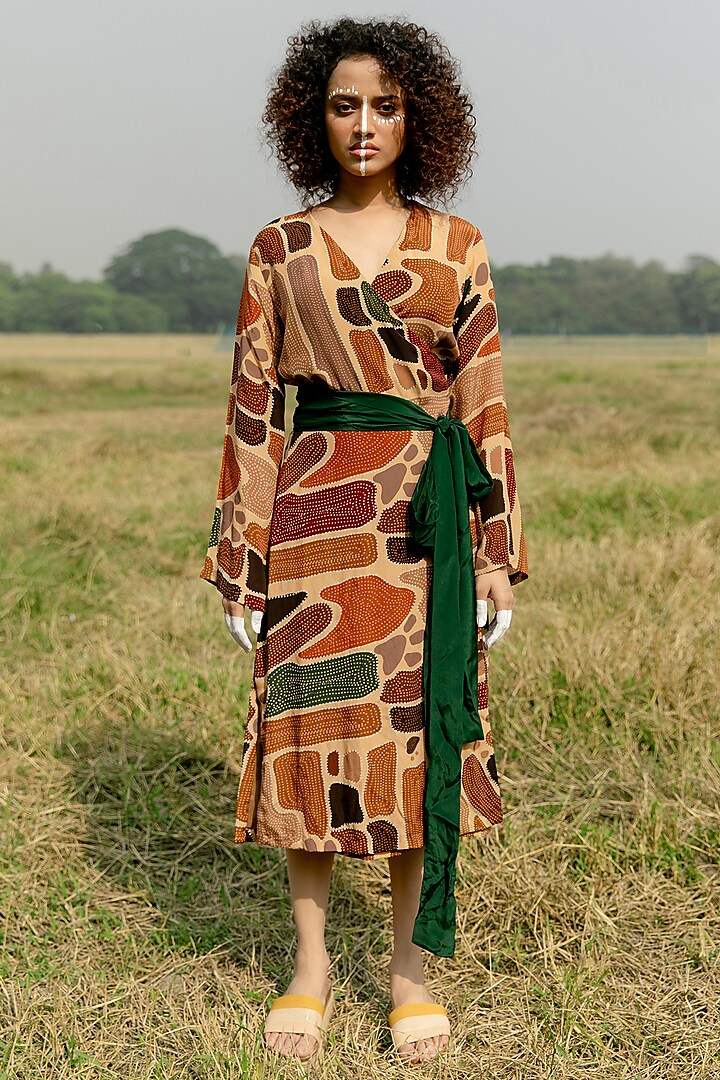Multi-Colored Crepe Printed Asymmetric Wrap Around Dress by Shristi Chetani