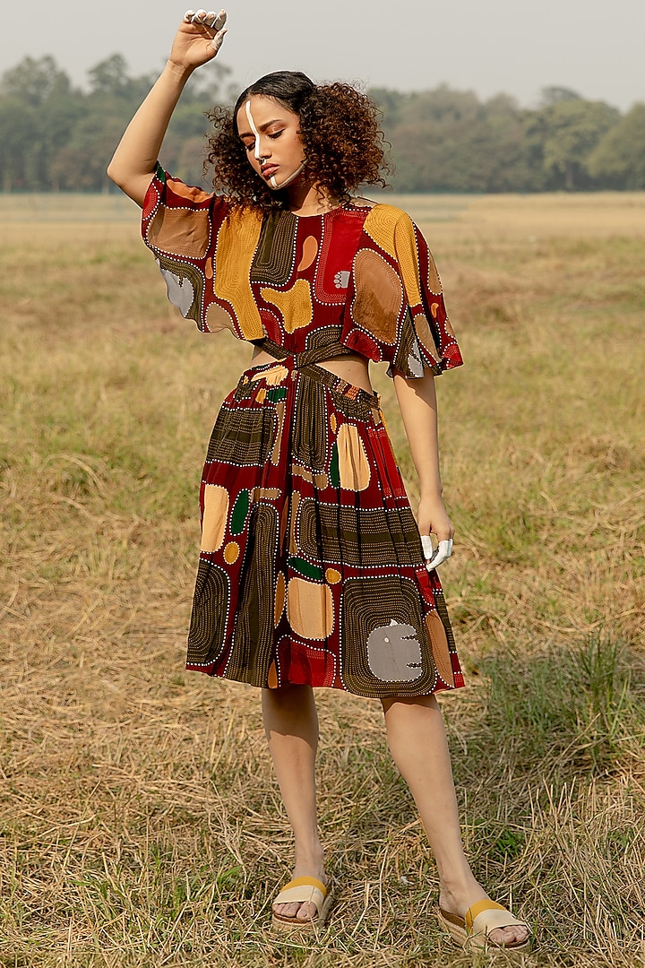 Multi-Colored Crepe Printed Midi Dress by Shristi Chetani