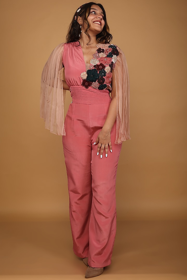 Rose Pink Crepe & Taffeta Embellished Jumpsuit by SHRISTI CHETANI