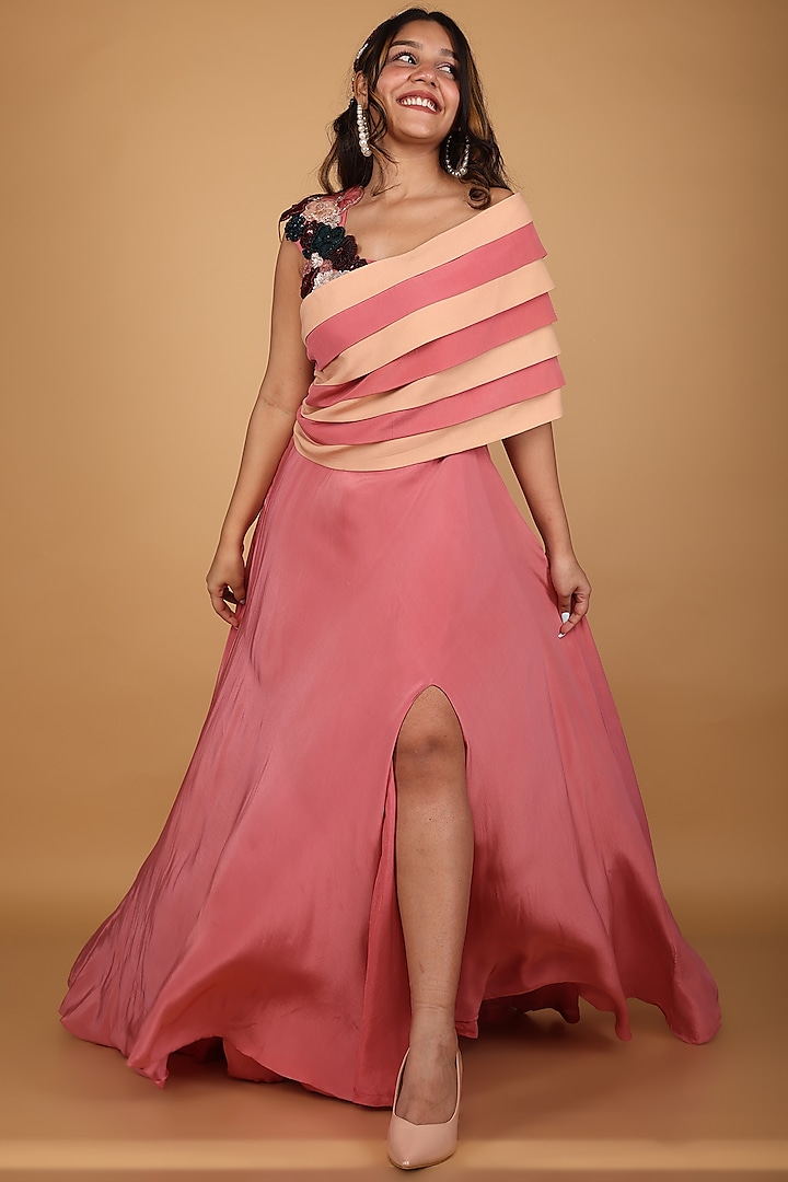Rose Pink Crepe & Taffeta Embellished Draped Gown by SHRISTI CHETANI