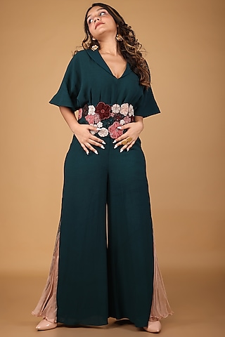 Teal Green Georgette & Taffeta Embellished Jumpsuit by SHRISTI CHETANI