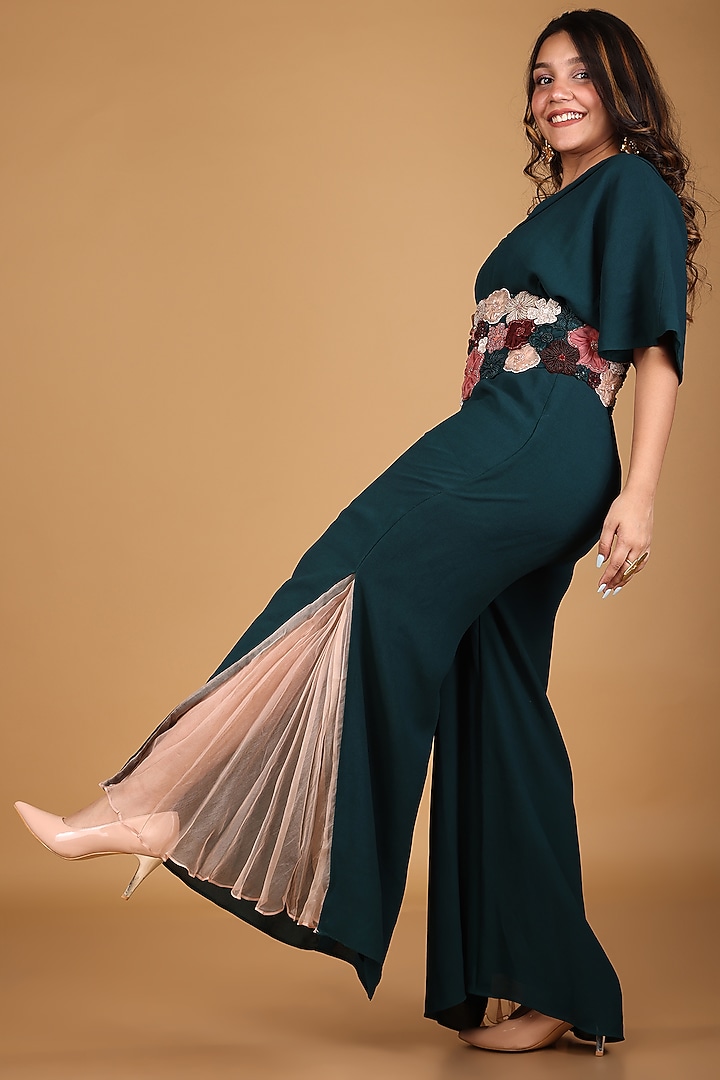Teal Green Georgette & Taffeta Embellished Jumpsuit by SHRISTI CHETANI at Pernia's Pop Up Shop