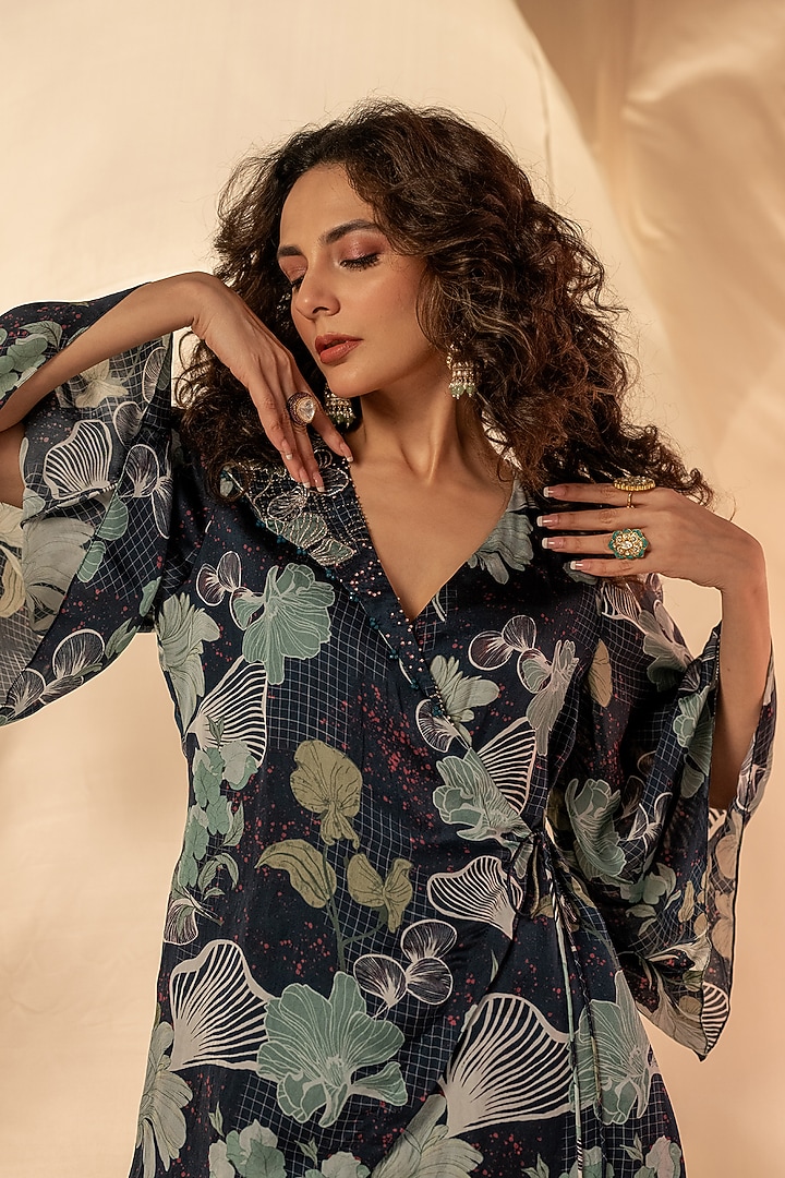 Blue Bamberg Satin Embellished Co-Ord Set by Shristi Chetani at Pernia's Pop Up Shop