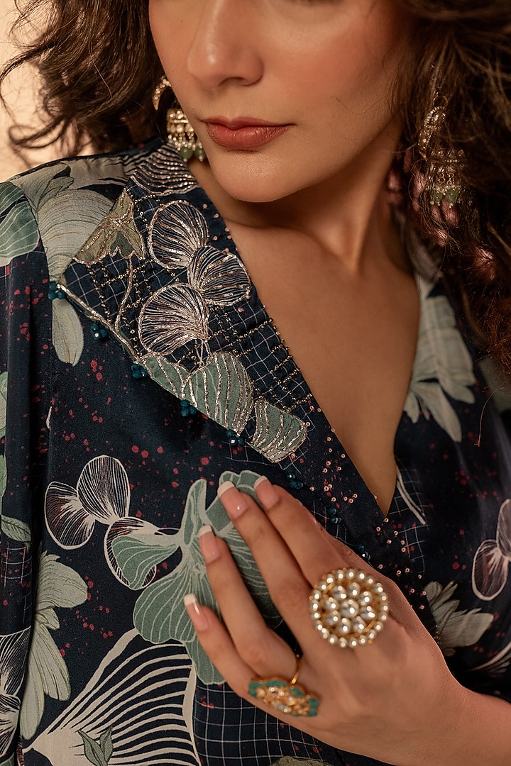 Blue Bamberg Satin Embellished Co-Ord Set by Shristi Chetani at Pernia's Pop Up Shop