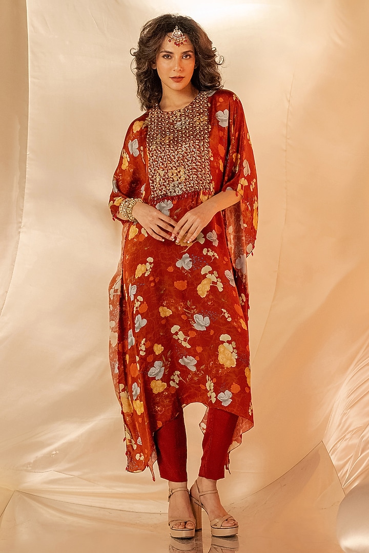 Red Bamberg Satin & Natural Crepe Embroidered Kaftan Kurta Set by Shristi Chetani at Pernia's Pop Up Shop