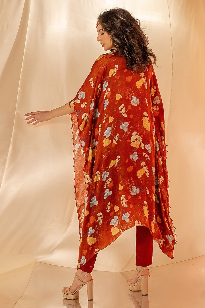 Red Bamberg Satin & Natural Crepe Embroidered Kaftan Kurta Set by Shristi Chetani at Pernia's Pop Up Shop