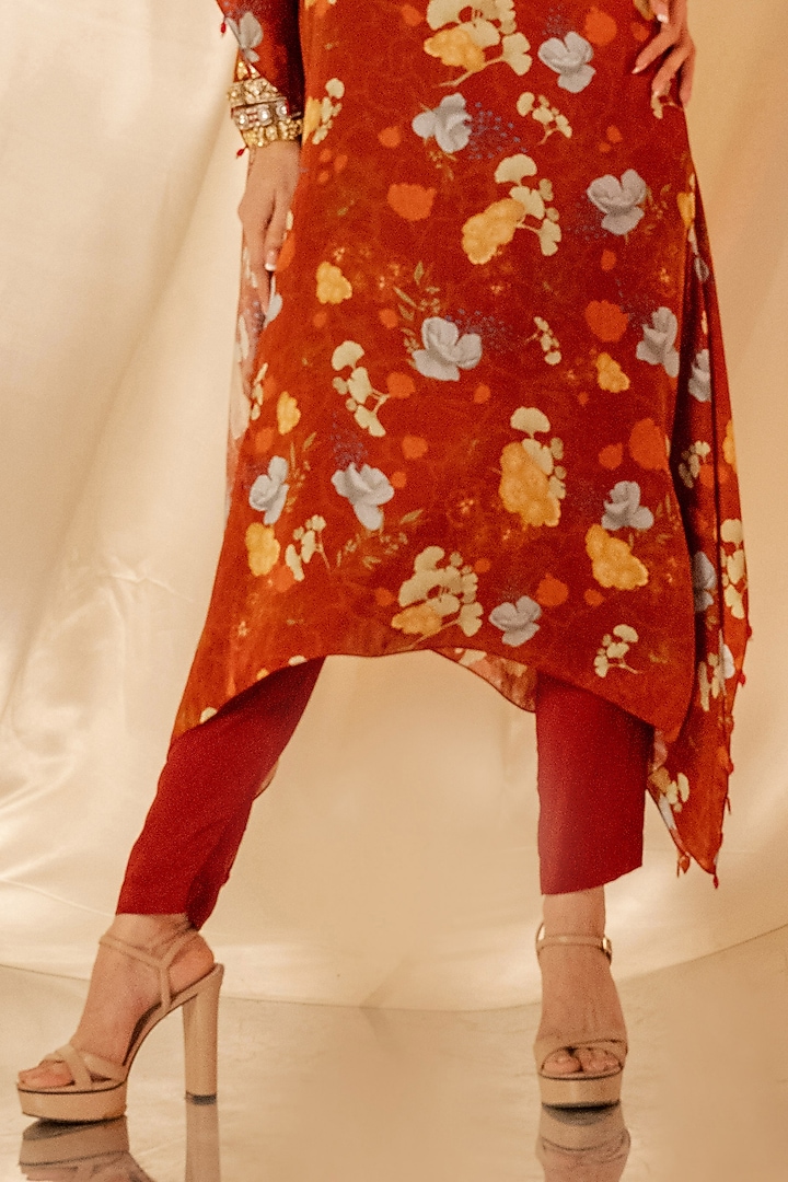 Red Bamberg Satin & Natural Crepe Embroidered Kaftan Kurta Set by Shristi Chetani at Pernia's Pop Up Shop