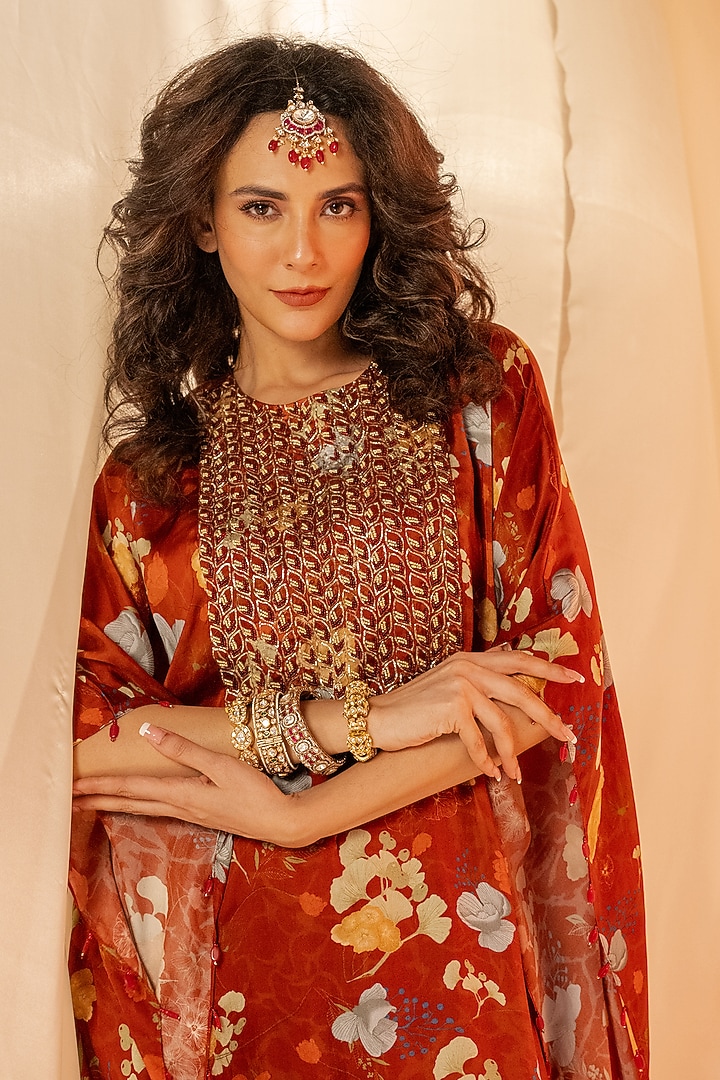 Red Bamberg Satin & Natural Crepe Embroidered Kaftan Kurta Set by Shristi Chetani at Pernia's Pop Up Shop