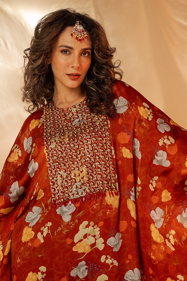 Red Bamberg Satin & Natural Crepe Embroidered Kaftan Kurta Set by Shristi Chetani at Pernia's Pop Up Shop