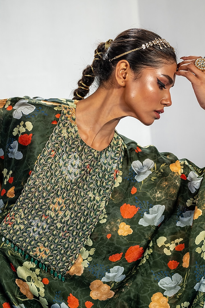 Green Bamberg Satin & Natural Crepe Embroidered Kaftan Kurta Set by Shristi Chetani at Pernia's Pop Up Shop