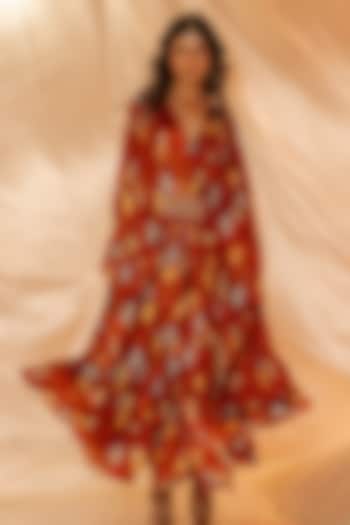 Red Bamberg Satin Embroidered Kaftan-Style Vacation Dress by Shristi Chetani at Pernia's Pop Up Shop