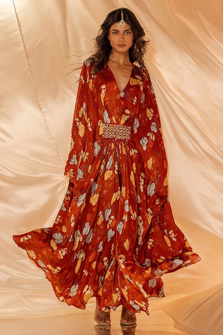 Red Bamberg Satin Embroidered Kaftan-Style Vacation Dress by Shristi Chetani at Pernia's Pop Up Shop