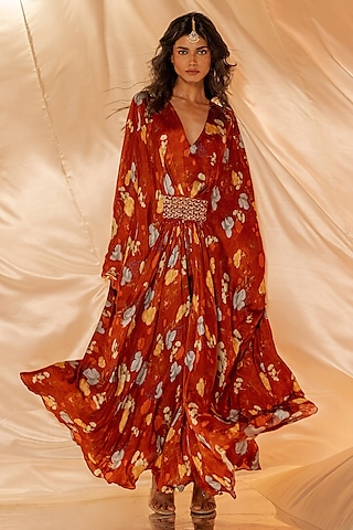 Red Bamberg Satin Embroidered Kaftan-Style Dress by Shristi Chetani