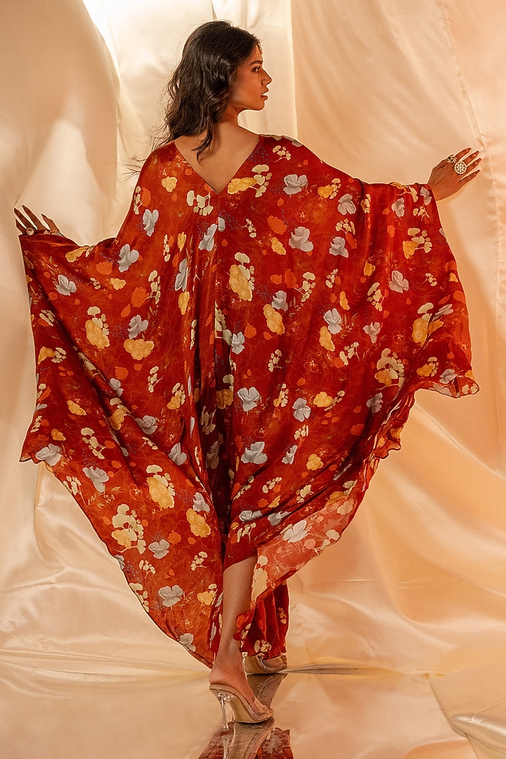 Red Bamberg Satin Embroidered Kaftan-Style Vacation Dress by Shristi Chetani at Pernia's Pop Up Shop